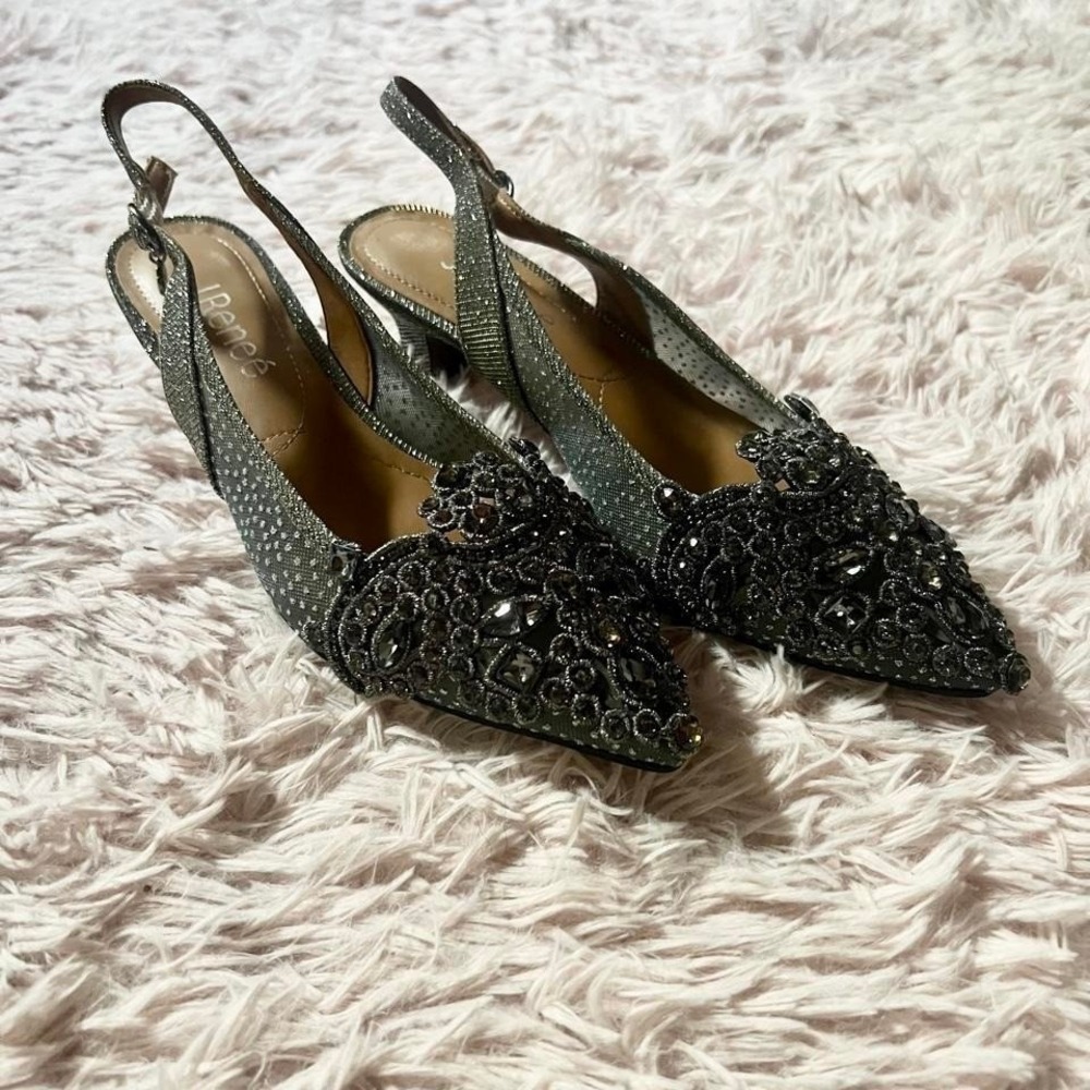 J Renee Strovanni Pewter Floral Mesh Jeweled Kitten Sling Back Heels Womens 6.5